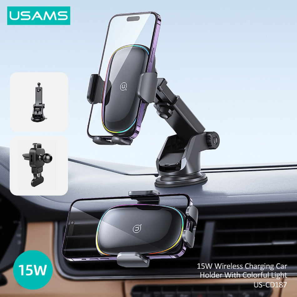 USAMS US-CD187 15W Wireless Charging Car Holder With Colorful Light Handy-Halterung ( bis 6,70 Zoll )