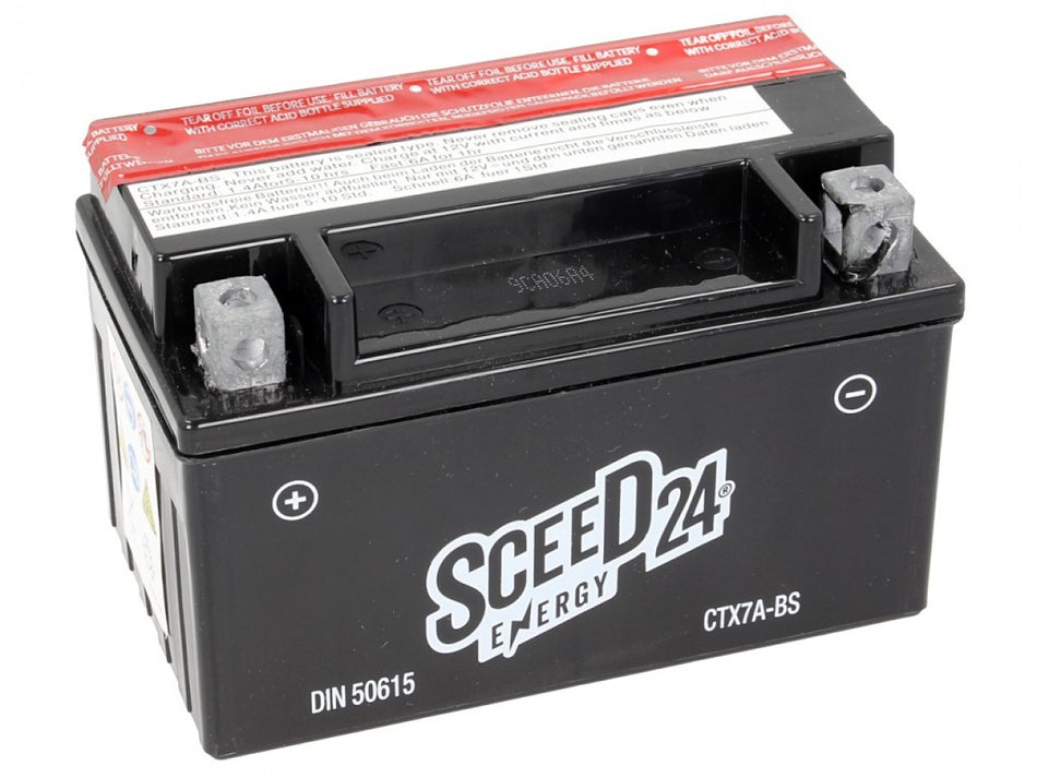 Sceed24 Batterie YTX7A-BS, 12 V, 6 A, wartungsfrei / MF, TOP PREIS-TOP QUALITÄT CTX7A-BS, inkl. Säurepack, 150x87x94 mm
