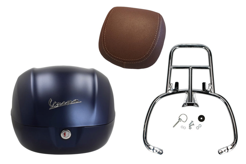NF ProKit Top Case Kit 32 l, Suffix: DY_288/A deep blue matt opaco, Gepäckträger chrom, Rückenpolster dunkelbraun, Vespa Primavera