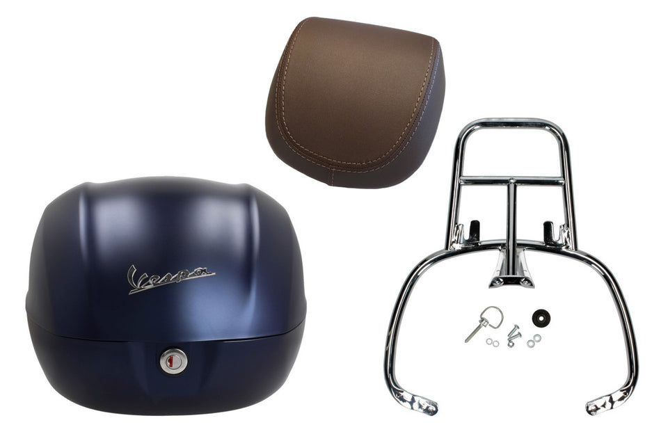 NF ProKit Top Case Kit 32 l, Suffix: DY_288/A deep blue matt opaco, Gepäckträger chrom, Rückenpolster braun, Vespa Primavera