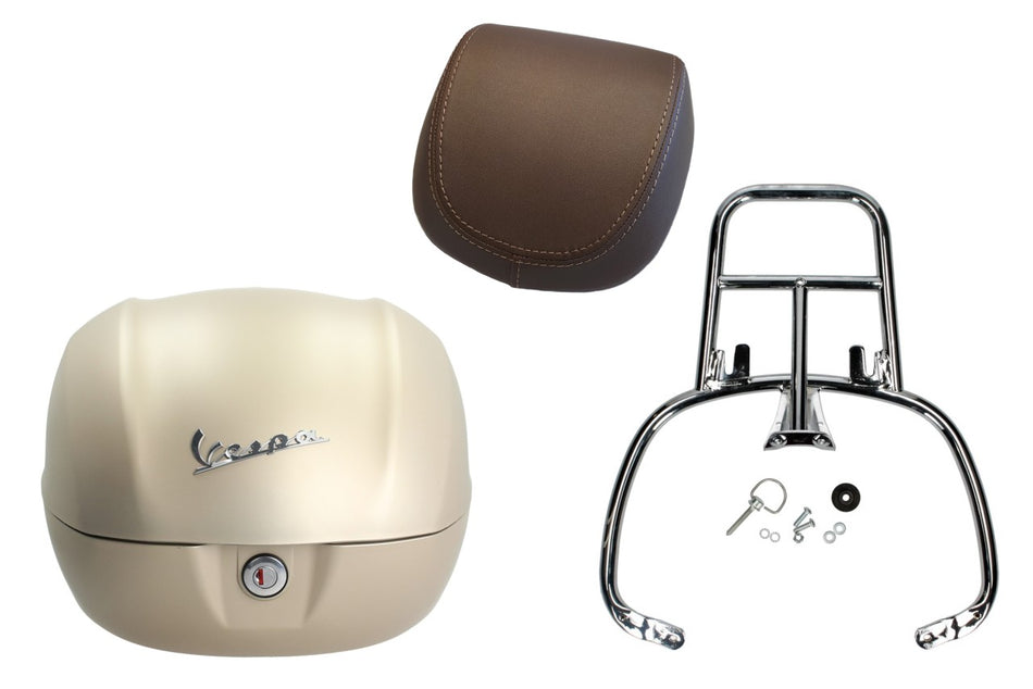 NF ProKit Top Case Kit 32 l, Suffix: Q9_516/A beige unico matt opaco, Gepäckträger chrom, Rückenpolster braun, Vespa Primavera