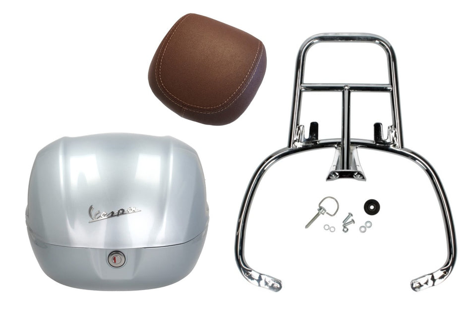 NF ProKit Top Case Kit 32 l, Suffix: G01_metallic grey lucido, Gepäckträger chrom, Rückenpolster dunkelbraun, Vespa Primavera